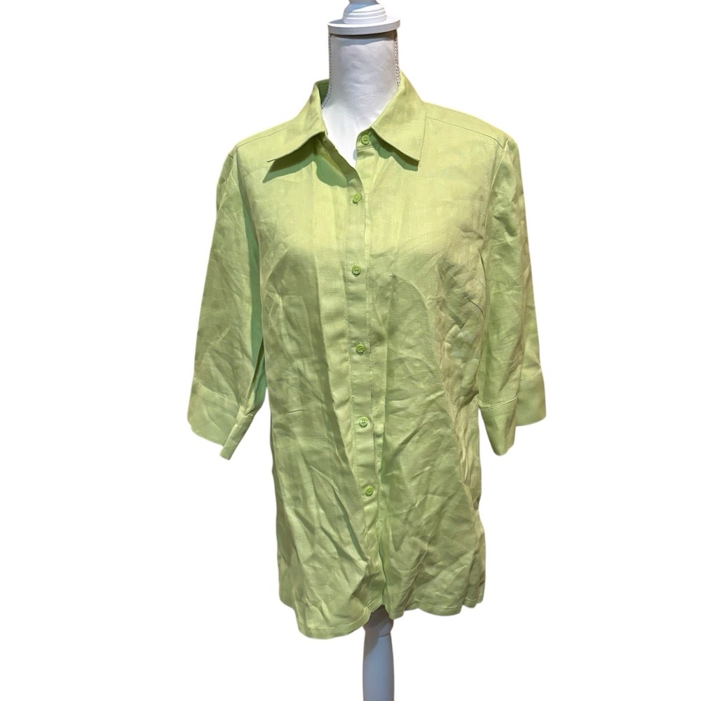 The French Shoppe Linen Button Front Shirt Large Green 3/4 Sleeve Blouse